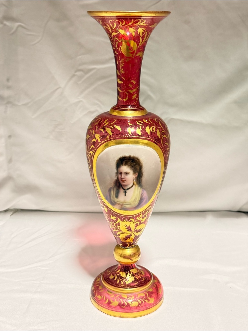 Antique 15.5” Bohemian Cranberry Glass Vase - Hand Painted Portrait & Gold Gilt